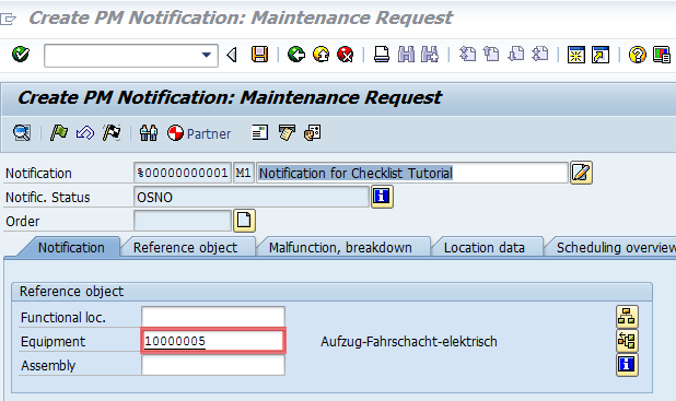 SAP PM Notification - assign equipment